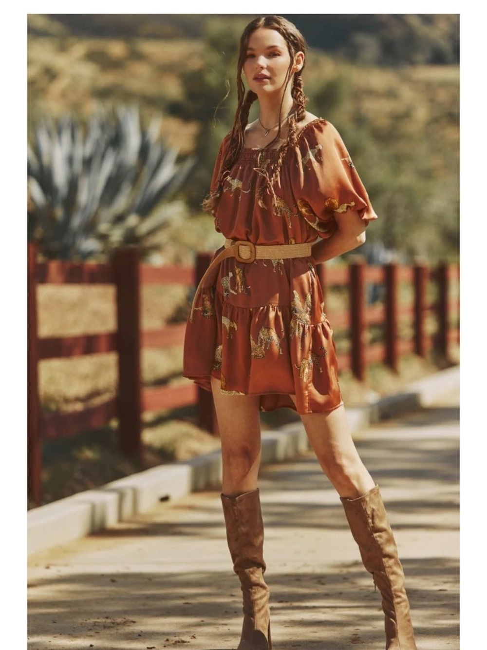 entro Rust Brown Printed Puff-Sleeve Mini Dress